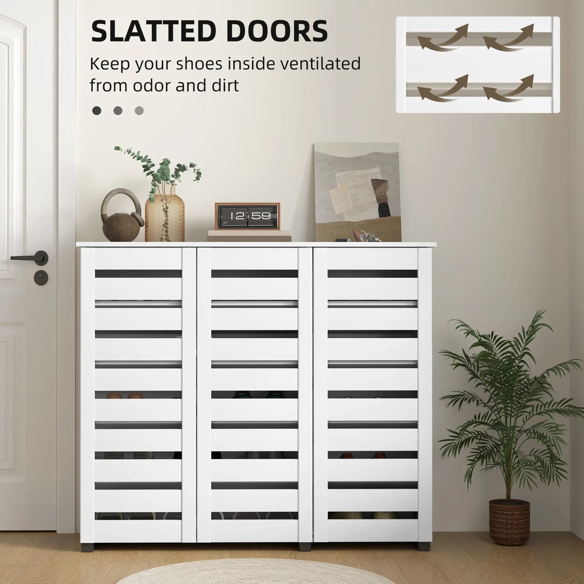 Narrow Shoe Cabinet, Slatted Doors, Adjustable Shelves, 20 Pairs, White Shoe Storage Cabinets & Racks at Gallery Canada