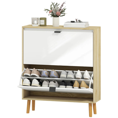 Narrow Shoe Cabinet, 2 Flip Drawers, Adjustable Shelves, Holds 16 Pairs, White