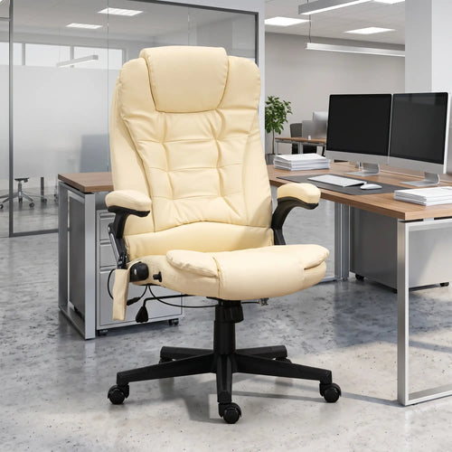 Adjustable Heated Massage Swivel Office Chair, High Back Leather, Beige