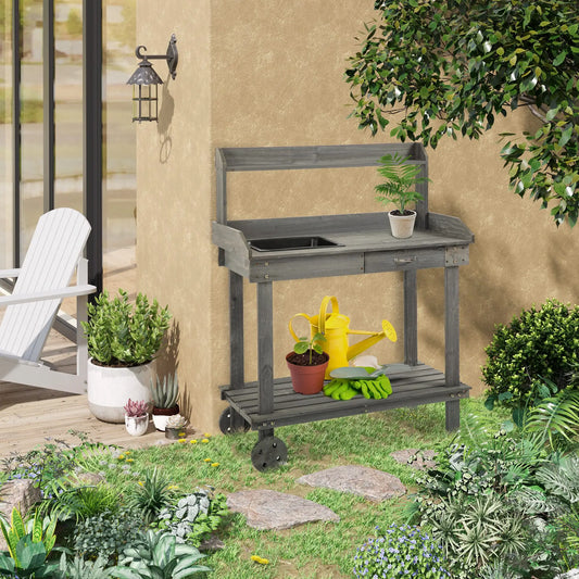 36" Wooden Potting Bench, Work Table, 2 Wheels, Sink, Drawer, Gray Potting Benches & Tables Grey at Gallery Canada