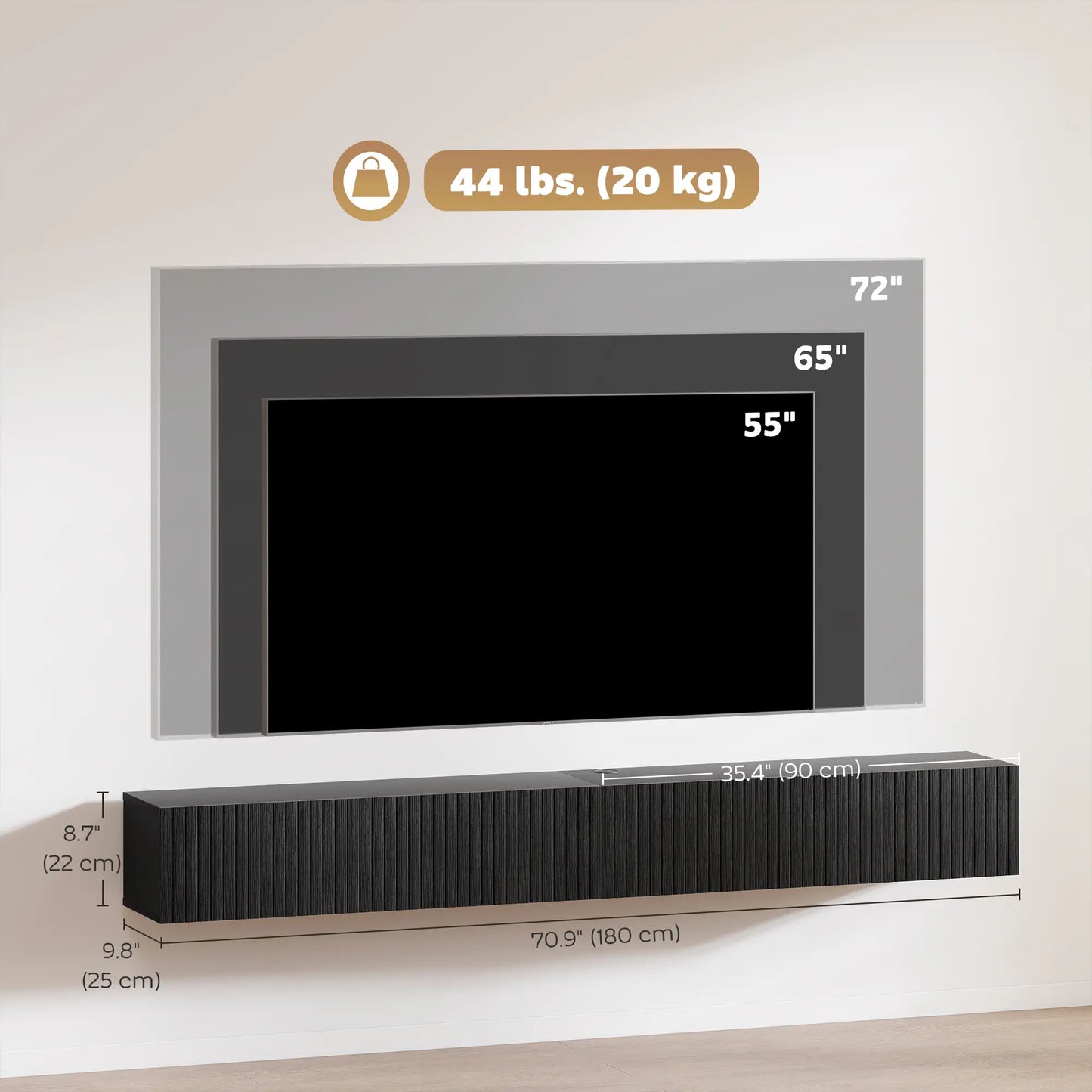 71 Inch Floating TV Stand, Wall Mount Media Console, 2 Fluted Doors, Black TV Stands at Gallery Canada