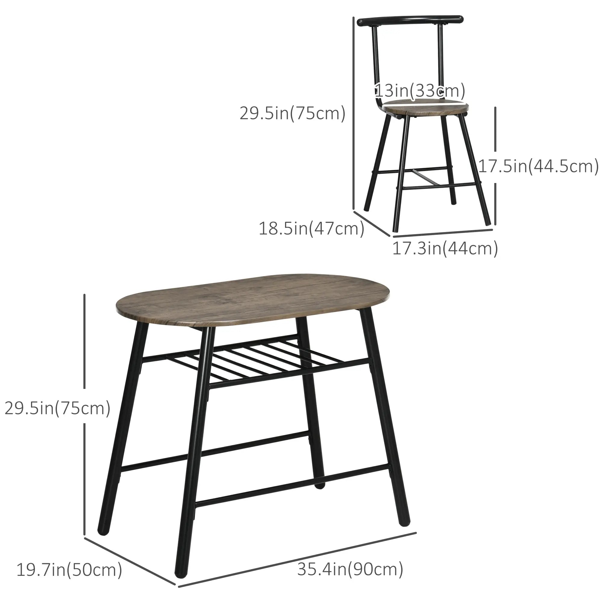 3-Piece Oval Dining Table Set, 2 Chairs, Metal Frame, 35.4
