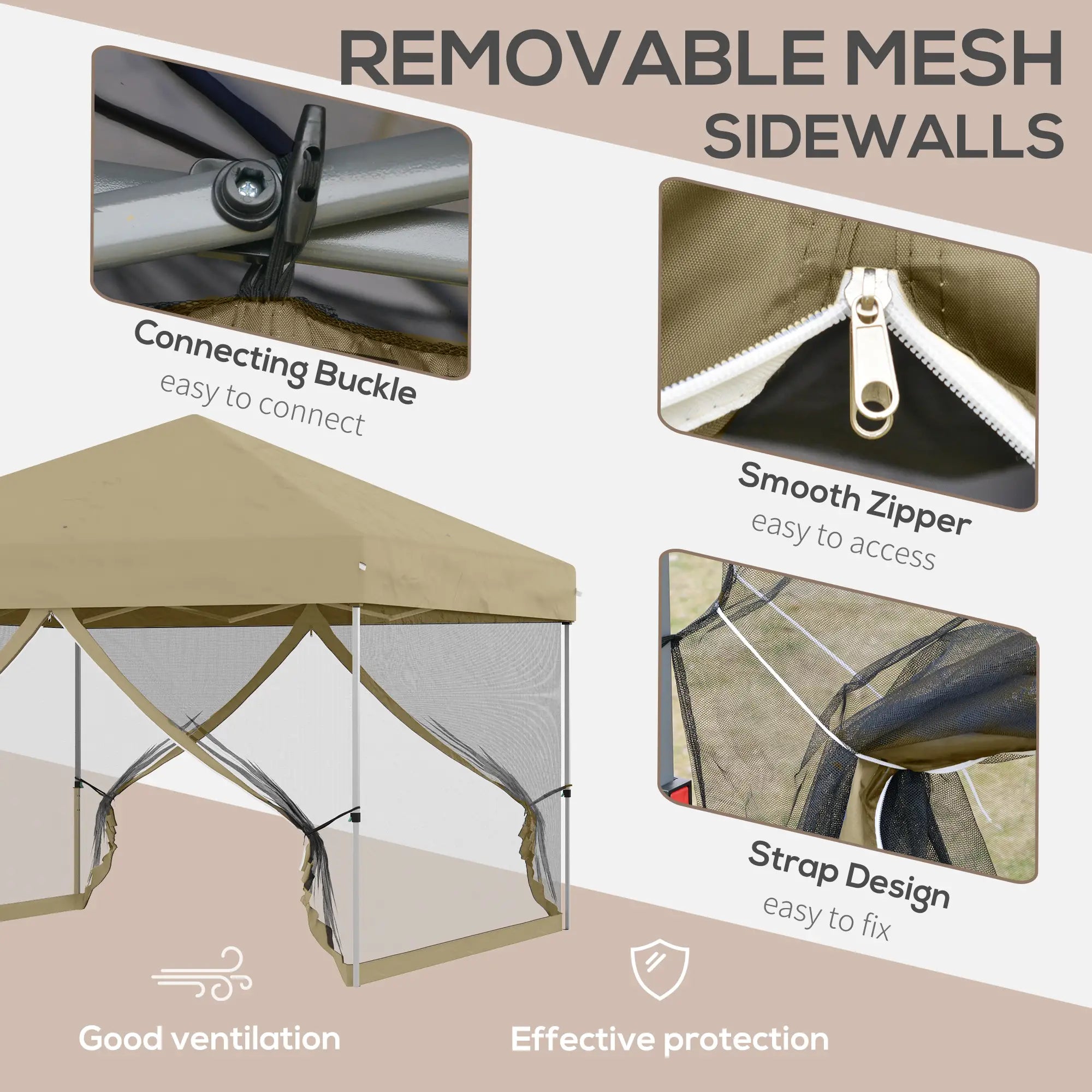 10' x 10' Pop-Up Party Tent, UPF50+ Outdoor Canopy, Mesh Sidewalls, Khaki Pop Up Canopies at Gallery Canada