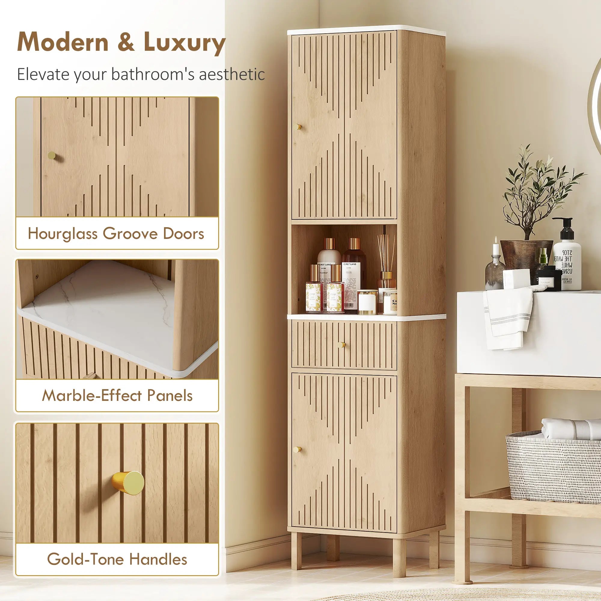 66 in Tall Bathroom Cabinet With Drawer, Oak Freestanding Bathroom Cabinets at Gallery Canada