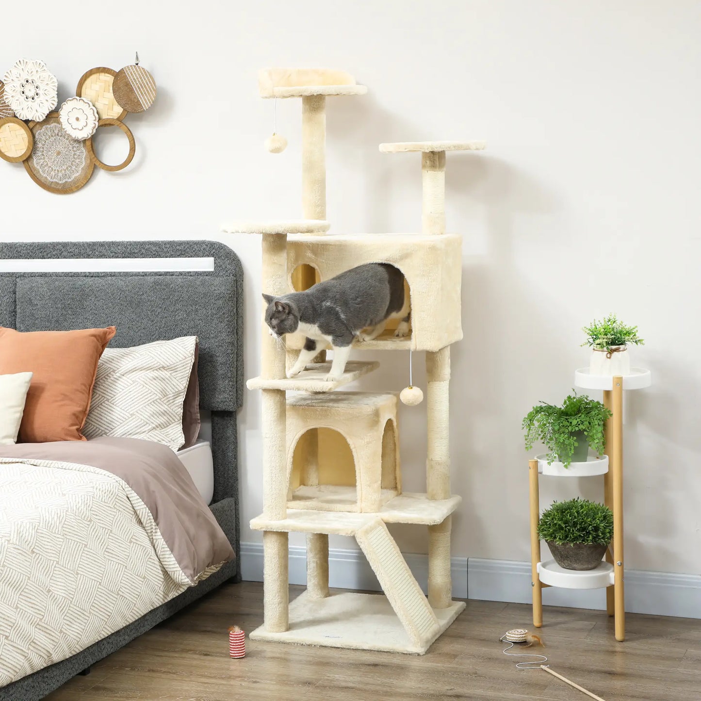 63" Cat Tree, Multi-Level Cat Tower With Scratching Posts, Bed, Cream White Multi-Level Cat Towers at Gallery Canada