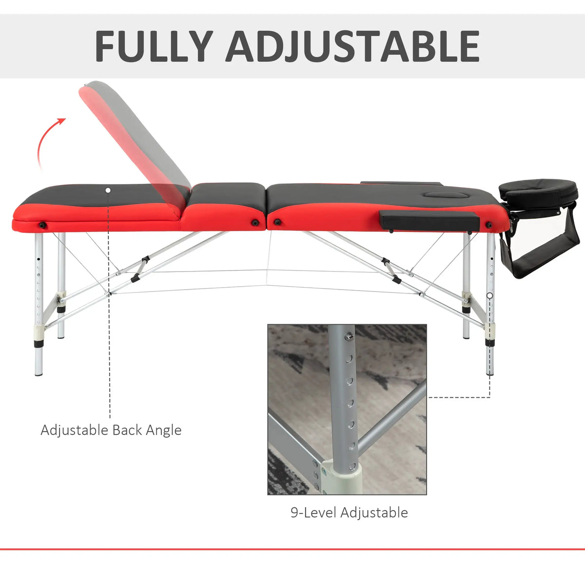 85" Foldable Massage Table, 3 Section, Salon Spa Facial Couch Bed, Black/Red Portable Massage Tables at Gallery Canada