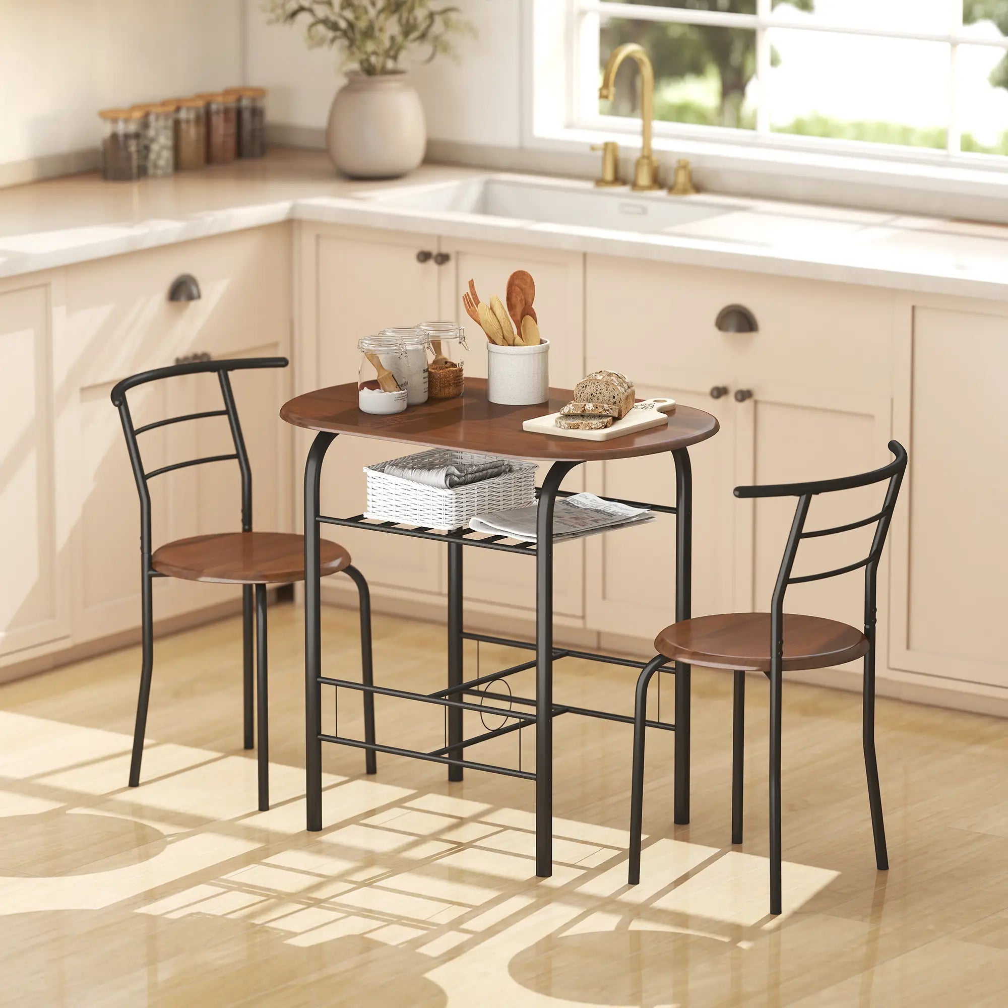 Oval Dining Table Set of 3, Kitchen Table and Chairs with Storage, Natural Bar Sets at Gallery Canada