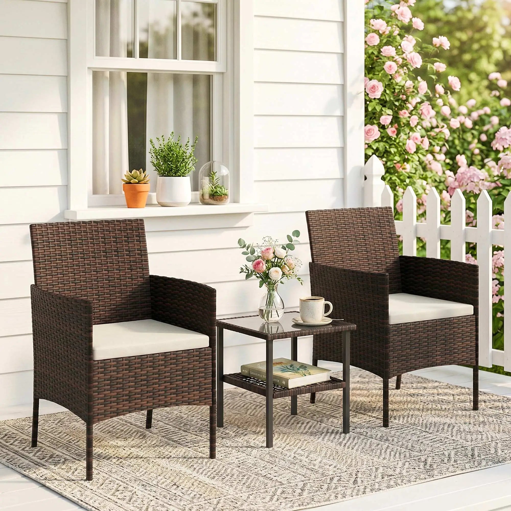 3-Piece Wicker Bistro Set, 2-Tier Glass Top Table, Beige Bistro Sets at Gallery Canada