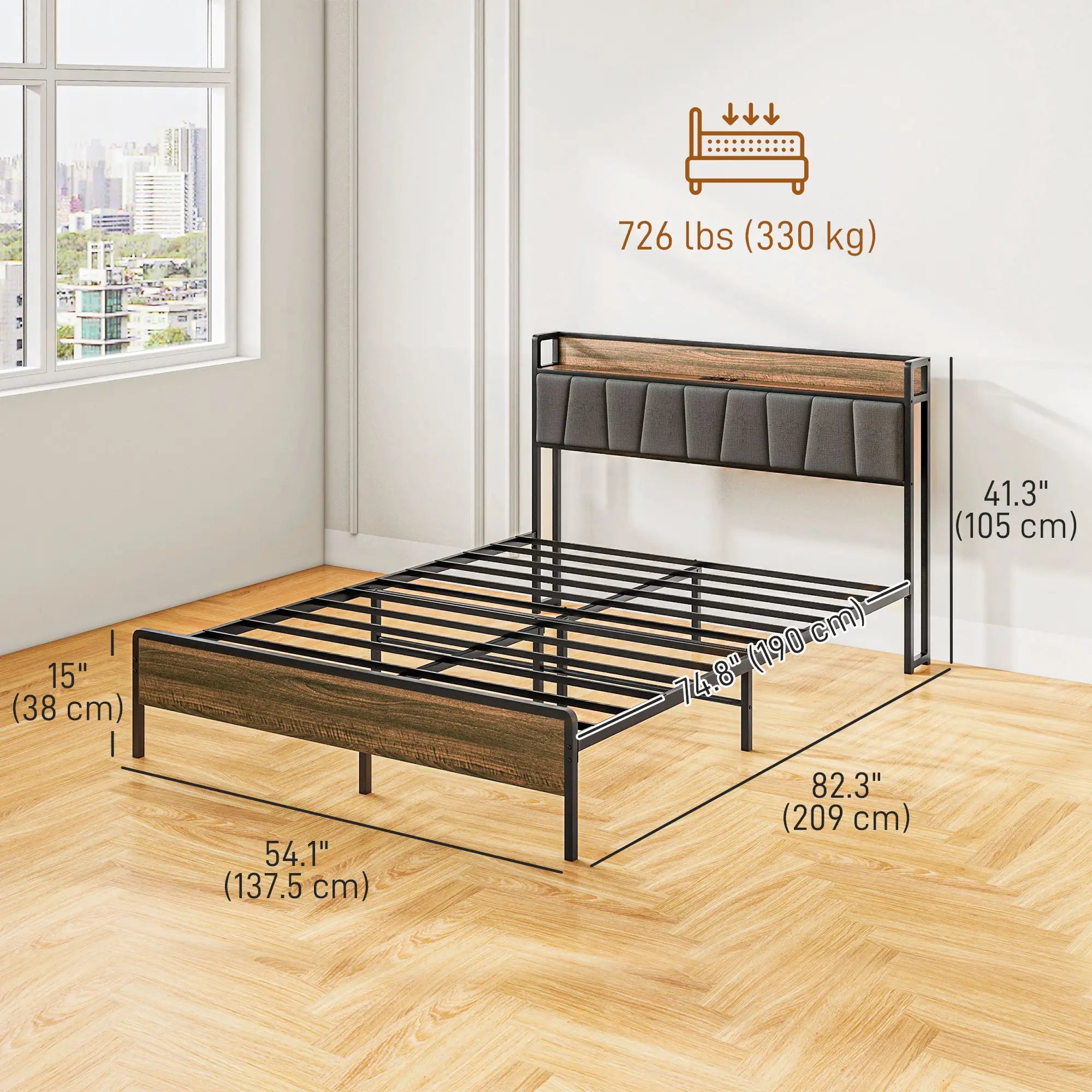 Full Size Bed Frame with Charging Station, Upholstered Headboard, Storage Shelf, Walnut Bed Frames at Gallery Canada