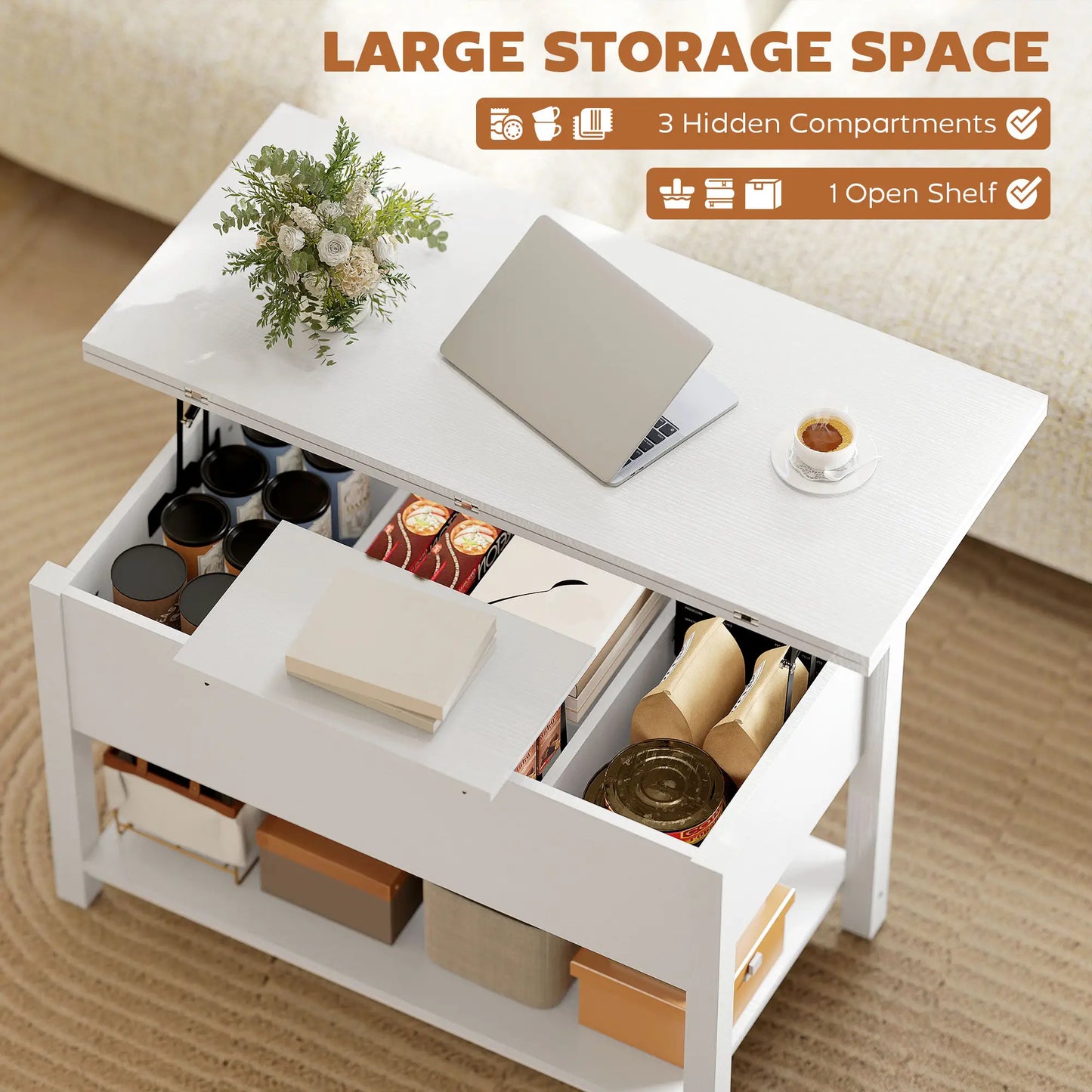 Lift Top Coffee Table, with Storage, White Coffee Tables at Gallery Canada