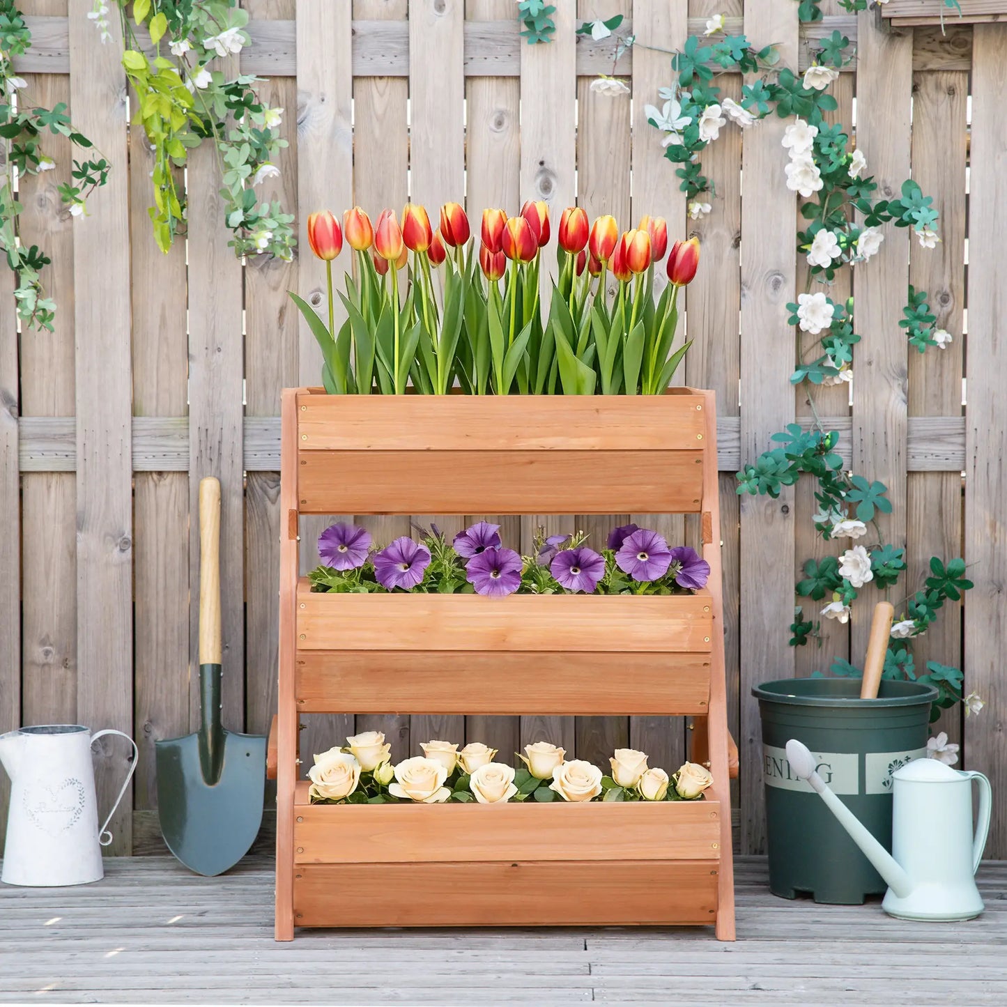 3 Tier Elevated Planter Box, Wooden Raised Garden Bed, 26" x 30" x 30", Brown Elevated Garden Beds at Gallery Canada
