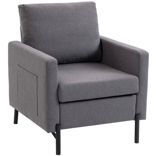 Modern Upholstered Armchair With Side Pockets, Cushion, Dark Grey