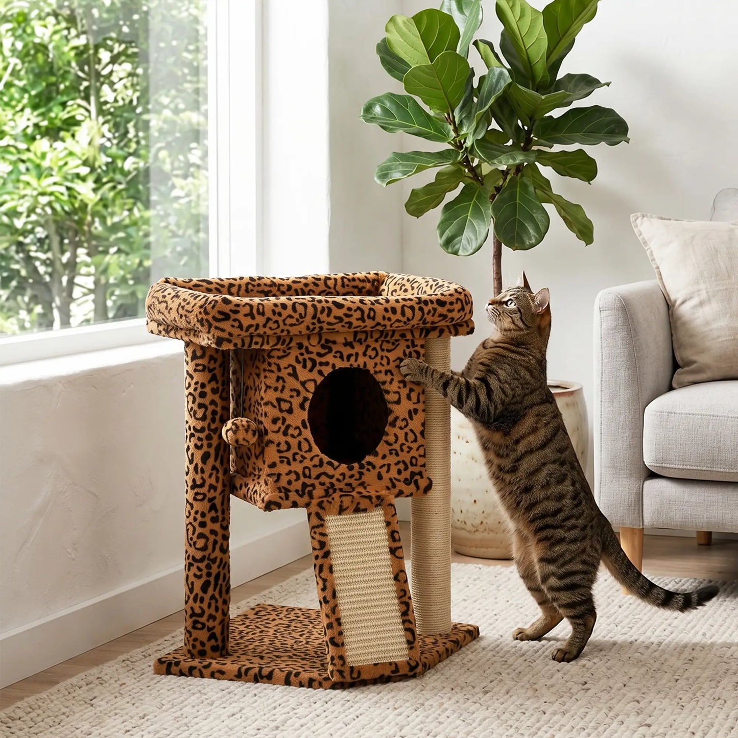 Cat Tree, Small Cat Tower with Perch, Scratching Post, Cat Condo, Toy Ball for Kitty, Leopard Print Compact Towers at Gallery Canada