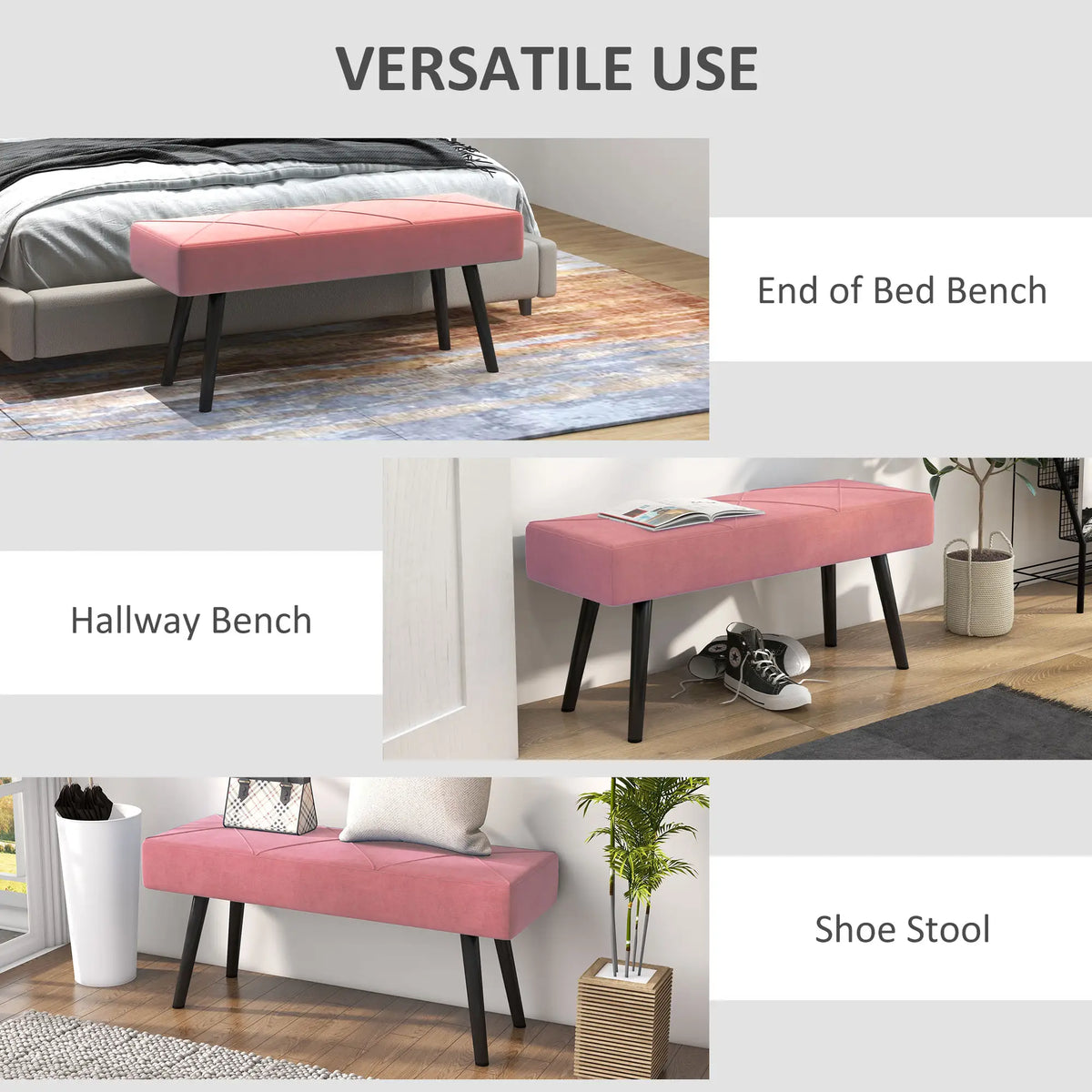 39 Inches Upholstered Bedroom Bench, Modern, Steel Legs, Pink Storage Ottomans & Benches at Gallery Canada