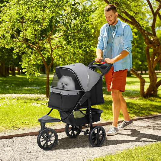 3 Wheel Folding Dog Stroller, Adjustable Canopy, Storage Brake, Mesh Window, for S&M Dogs, Grey Dog Bike Trailers & Strollers Grey, Black at Gallery Canada