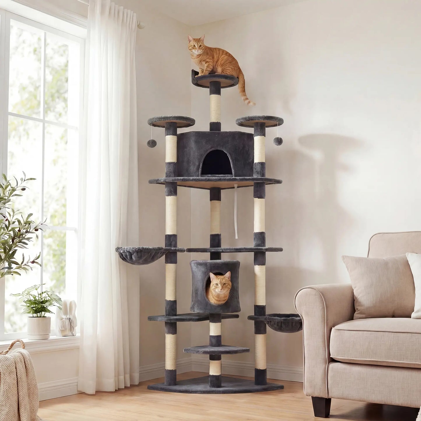 79" Cat Tree, Two Condos, Scratching Posts, Hammocks, Perches, Toys, Dark Grey Cat Towers at Gallery Canada