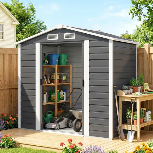 7' x 4' Metal Garden Shed, Lockable Doors, Dark Grey