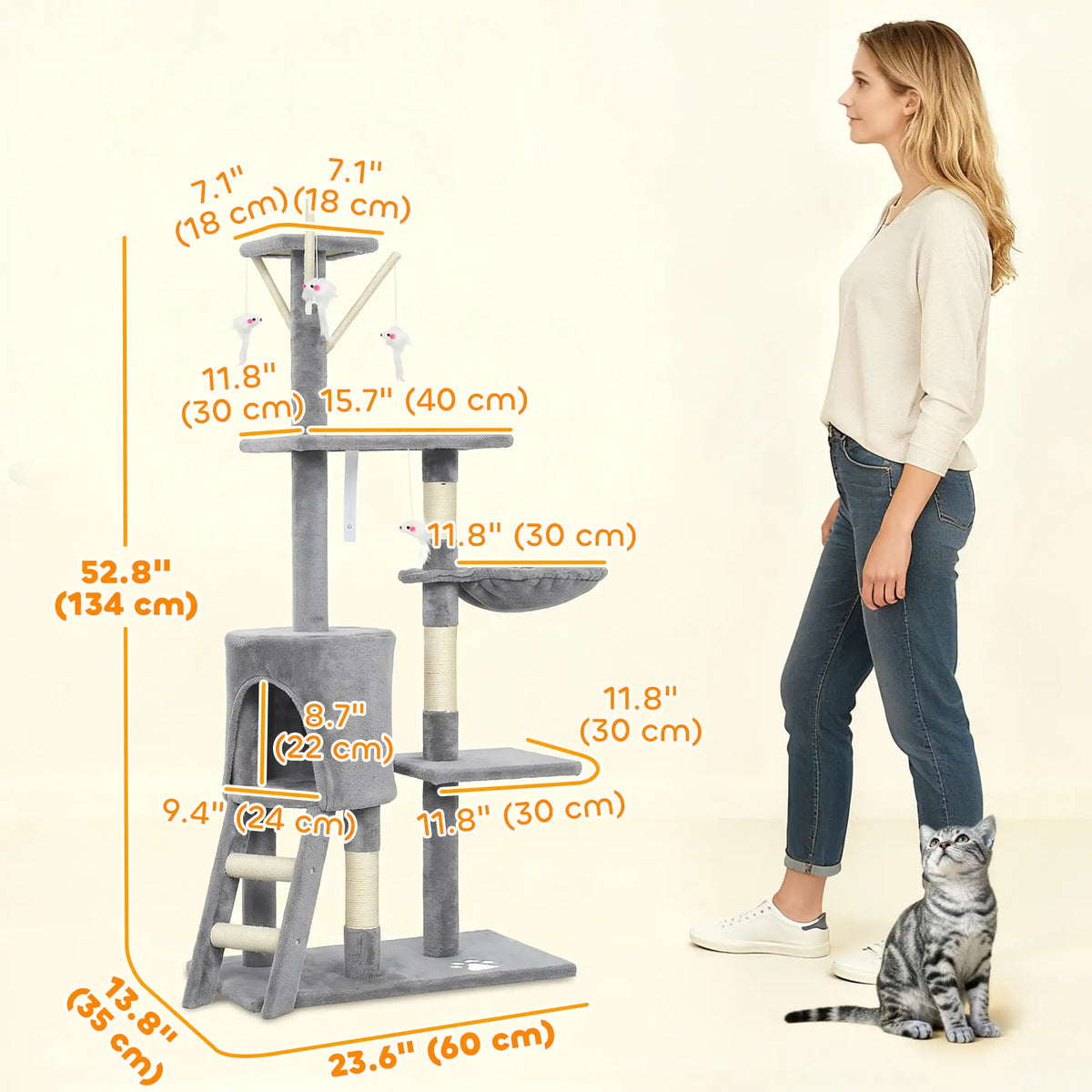 53" Cat Tree Tower, Scratching Posts, Condo, Hammock, Grey Cat Trees at Gallery Canada