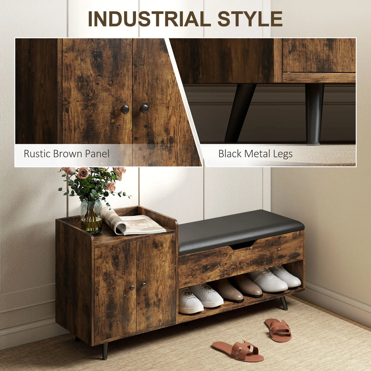 Storage Bench with Cushion, Hidden Compartments, Rustic Brown Shoe Storage Cabinets & Racks at Gallery Canada