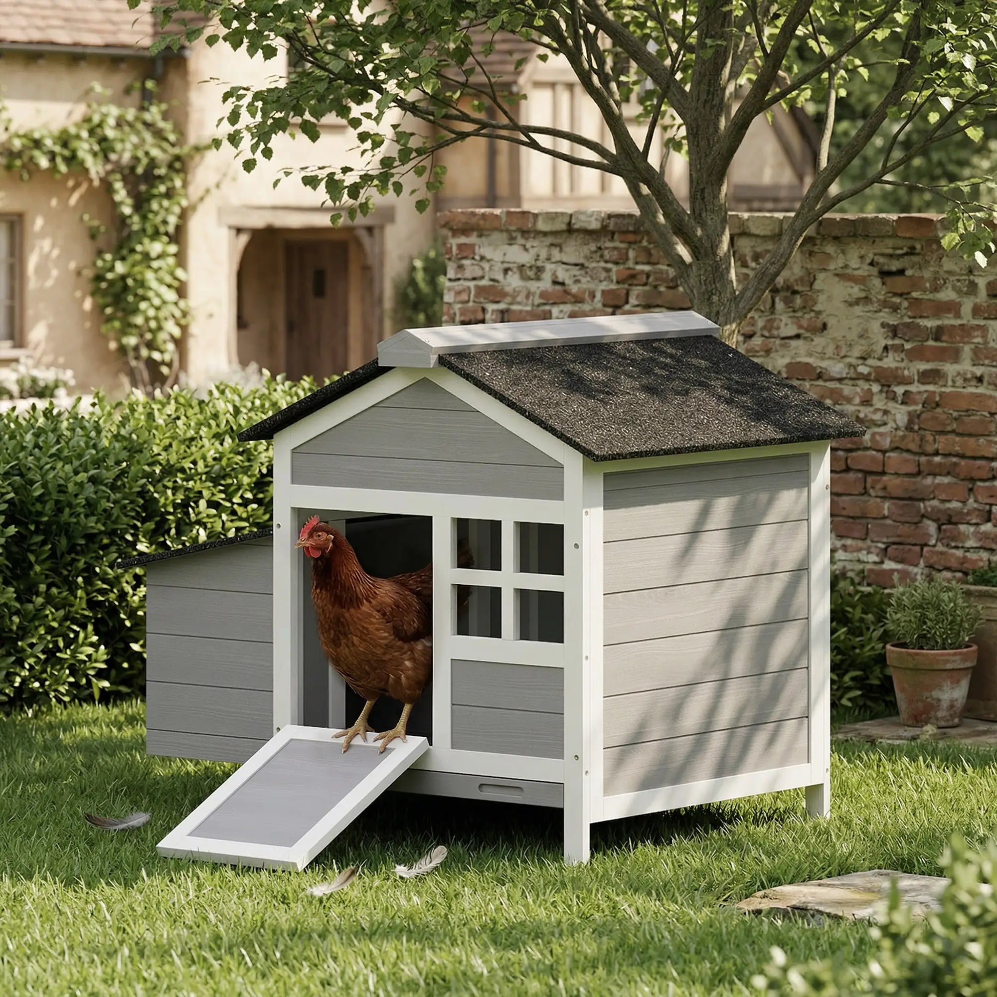 Wooden Chicken Coop With Nesting Box, Pull-Out Metal Tray, 36