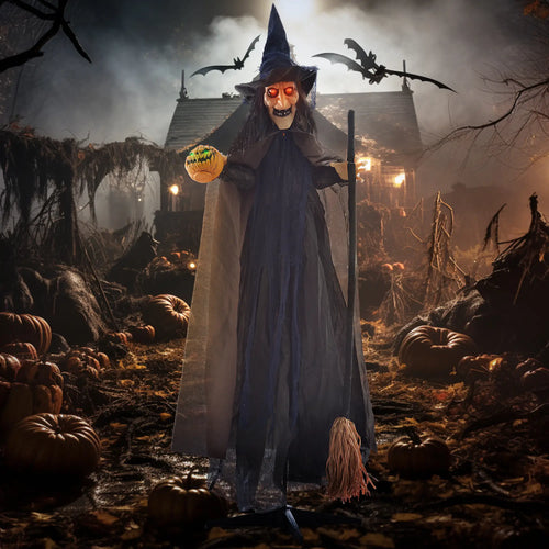 6.2' Animatronic Witch with Broomstick, Halloween Decoration, Motion Activated