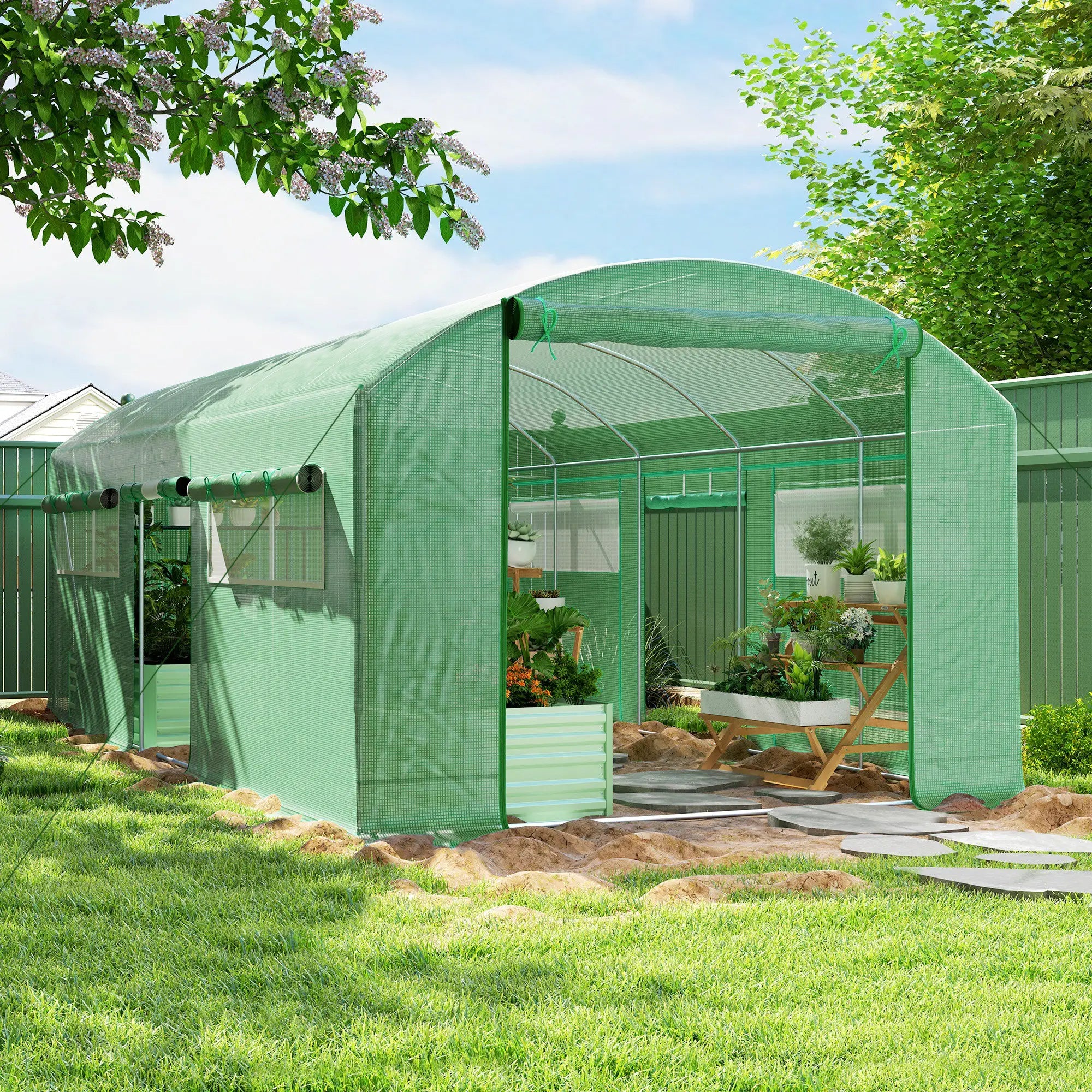 19.5' x 10' x 7.5' Walk-In Greenhouse, 3 Roll-Up Doors, Mesh Windows, Green Tunnel Greenhouses at Gallery Canada