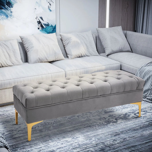 Upholstered End of Bed Bench with Button Tufted, Grey Storage Ottomans & Benches Grey at Gallery Canada