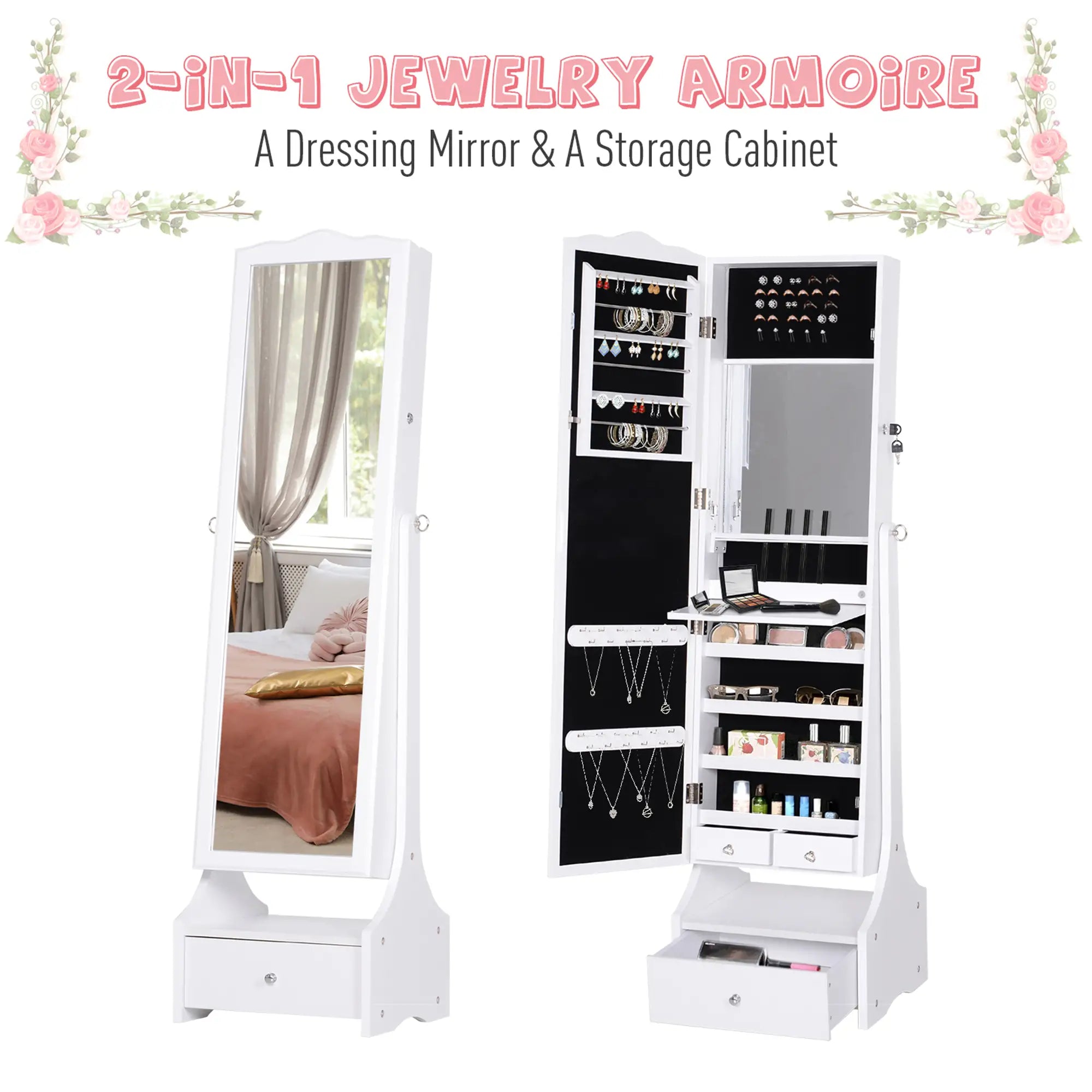 Standing Jewelry Cabinet Organizer with LED Lights, White Jewelry Armoire & Jewellery Mirror Cabinets at Gallery Canada