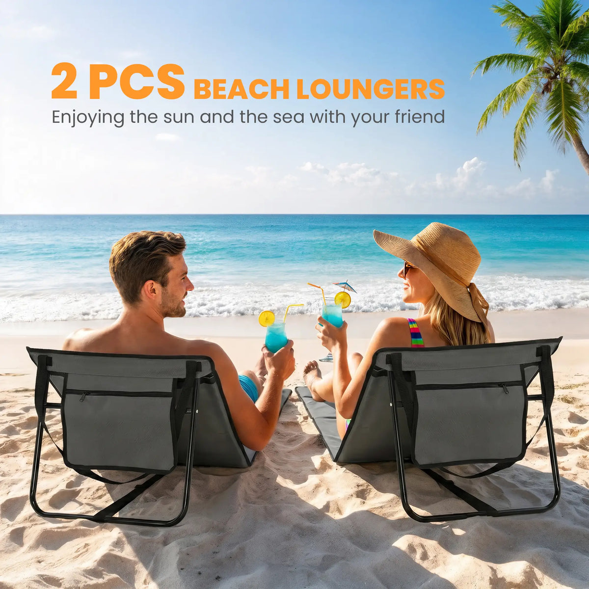 Foldable Lounge Chairs, Adjustable Backrest, Set of 2, Grey Beach Accessories at Gallery Canada