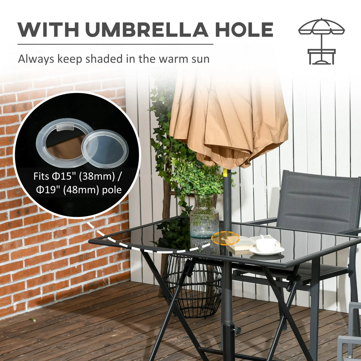 Foldable Outdoor Dining Table With Umbrella Hole, Glass Top, Black Patio Side Tables at Gallery Canada
