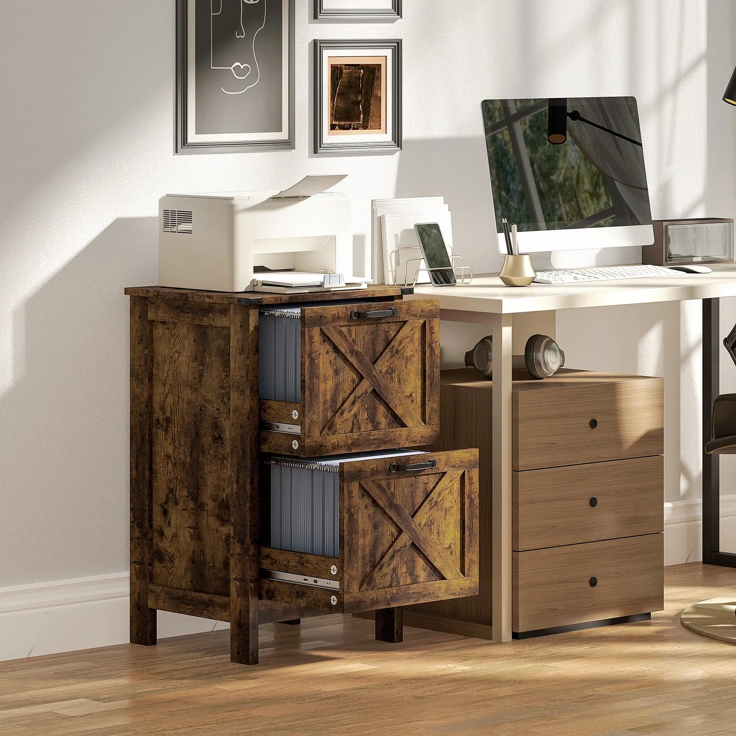 Vertical 2-Drawer Filing Cabinet, A4 Letter Size, Rustic Brown Office Cabinets & Cupboards at Gallery Canada