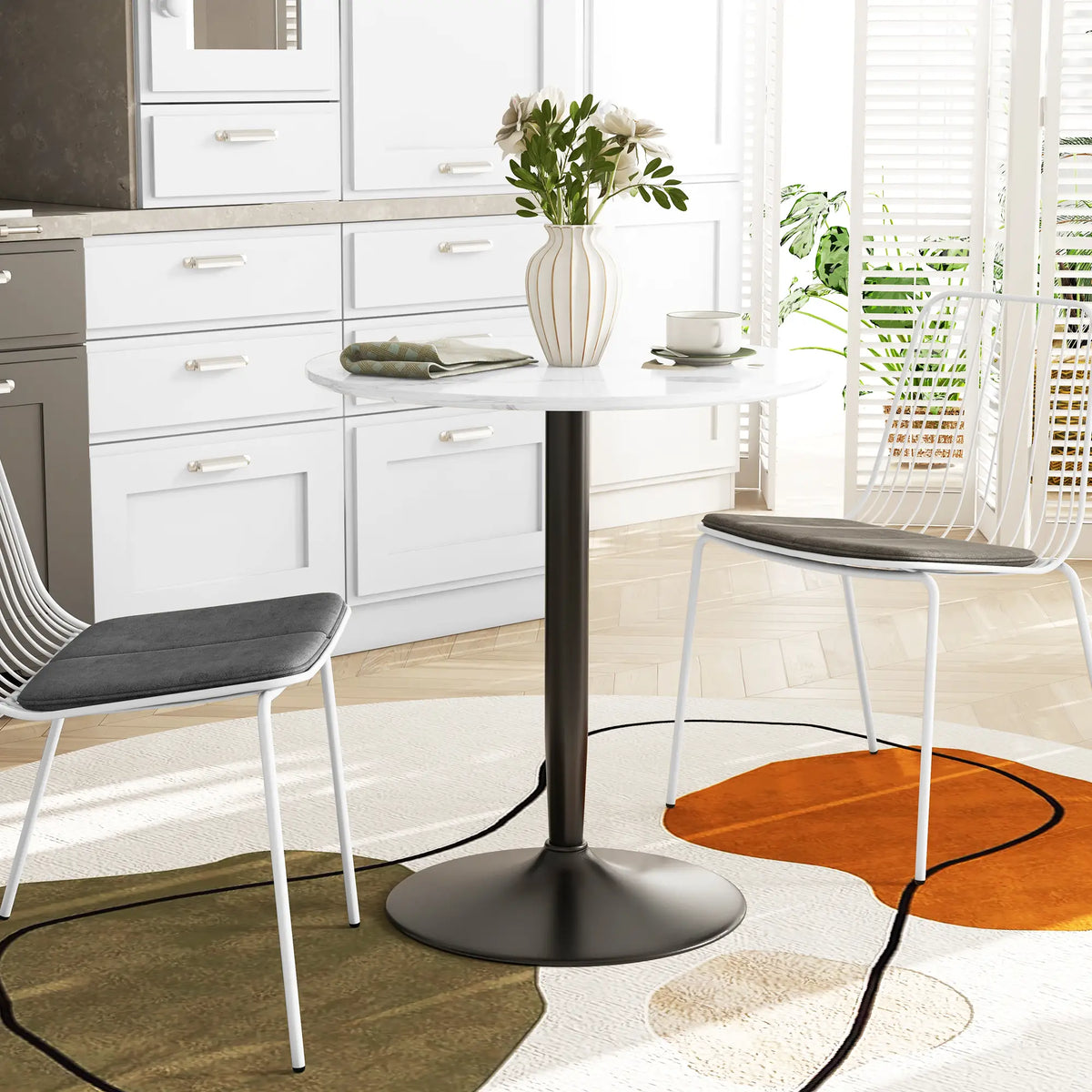 Modern Round Kitchen Table for 2, Steel Base, White Marble, White Dining Tables at Gallery Canada