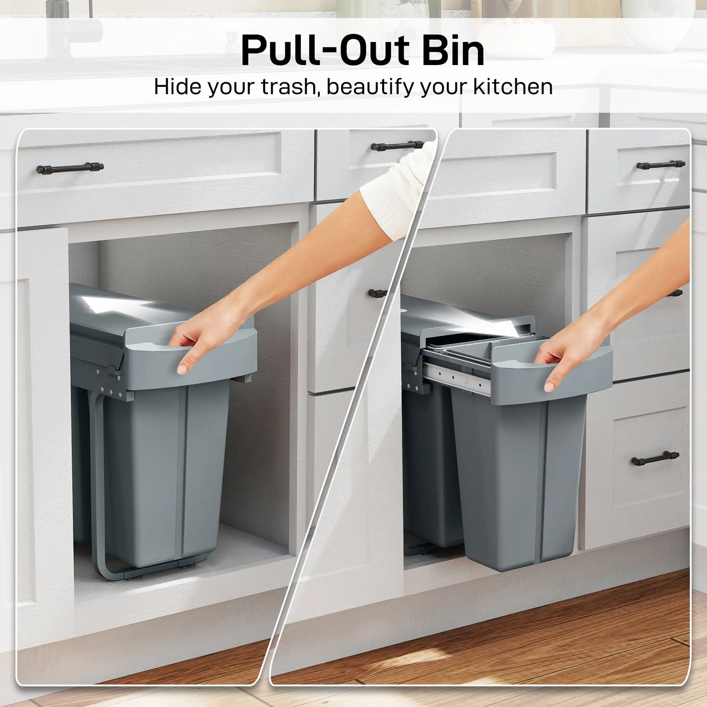 Pull Out Garbage Bin for Kitchen, 30L Under Sink Garbage Can, 2 Removable Compartments, Grey Household Supplies at Gallery Canada