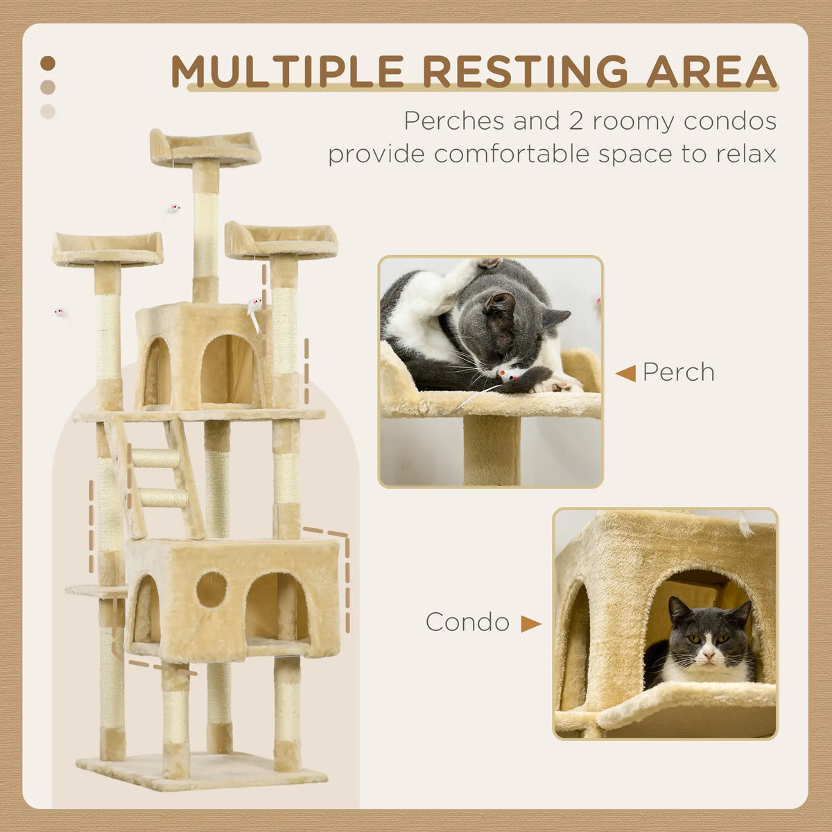 71-Inch Multi Level Cat Scratching Tree, Kitty Condo with Toys, Beige Cat Towers at Gallery Canada