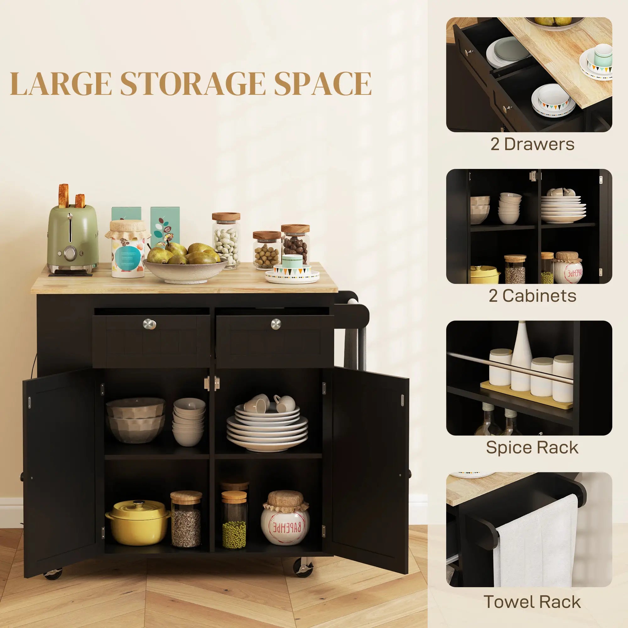 Kitchen Island with Power Outlet, Drop Leaf, 2 Drawers, Black Kitchen Islands & Kitchen Carts at Gallery Canada