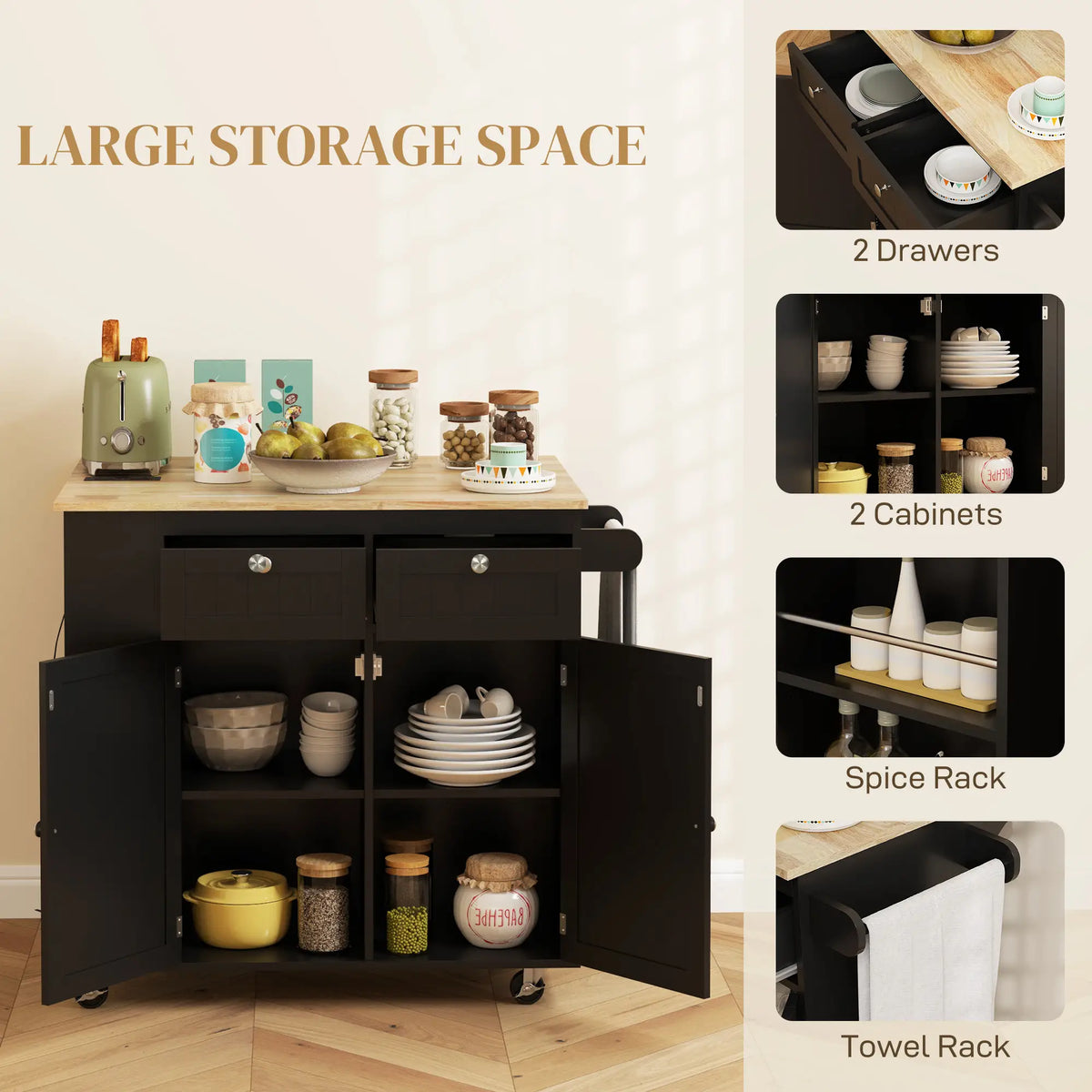 Kitchen Island with Power Outlet, Drop Leaf, 2 Drawers, Black Kitchen Islands & Kitchen Carts at Gallery Canada