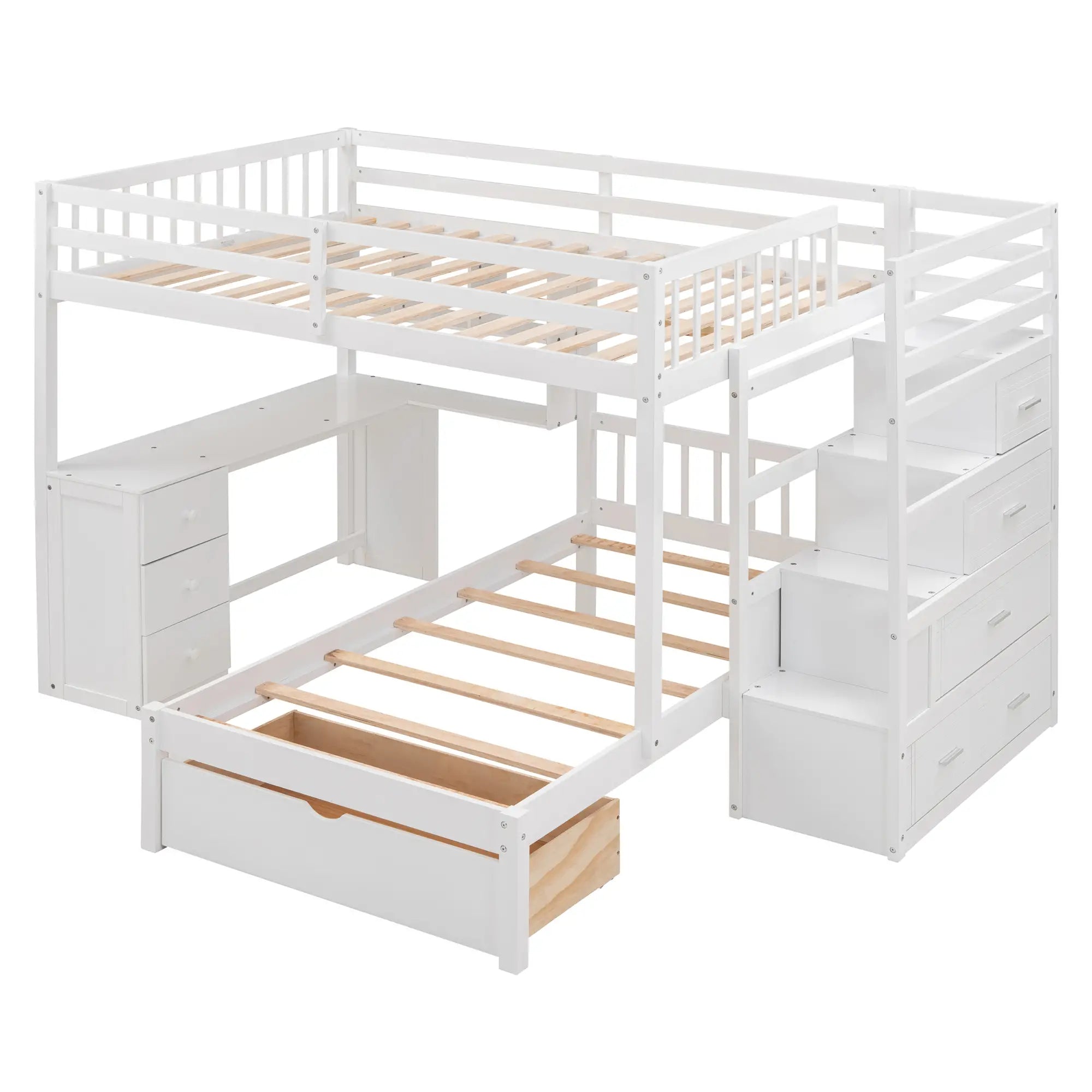 Over Twin Bunk Bed with Desk, Drawers, Shelves, 98
