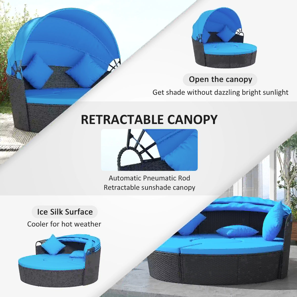 4-Piece Round Sofa Bed, Outdoor Daybed, Retractable Canopy, PE Rattan Daybeds at Gallery Canada