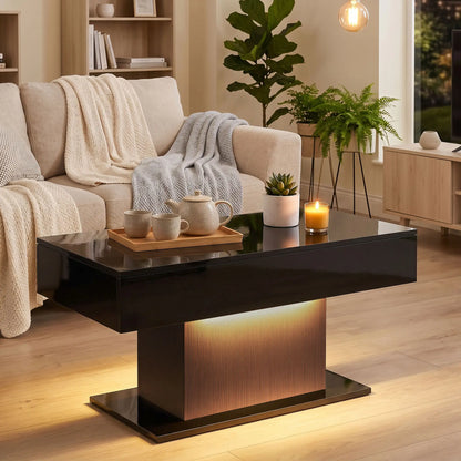 LED Coffee Table with Storage, High Gloss Modern Center Table with 2 Drawers and Remote Control for Living Room, Black Coffee Tables at Gallery Canada