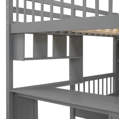 Over Twin Bunk Bed with Study Desk, Drawers, Shelves, 98" L x 80" W x 64.5" H, Grey Bed Frames at Gallery Canada