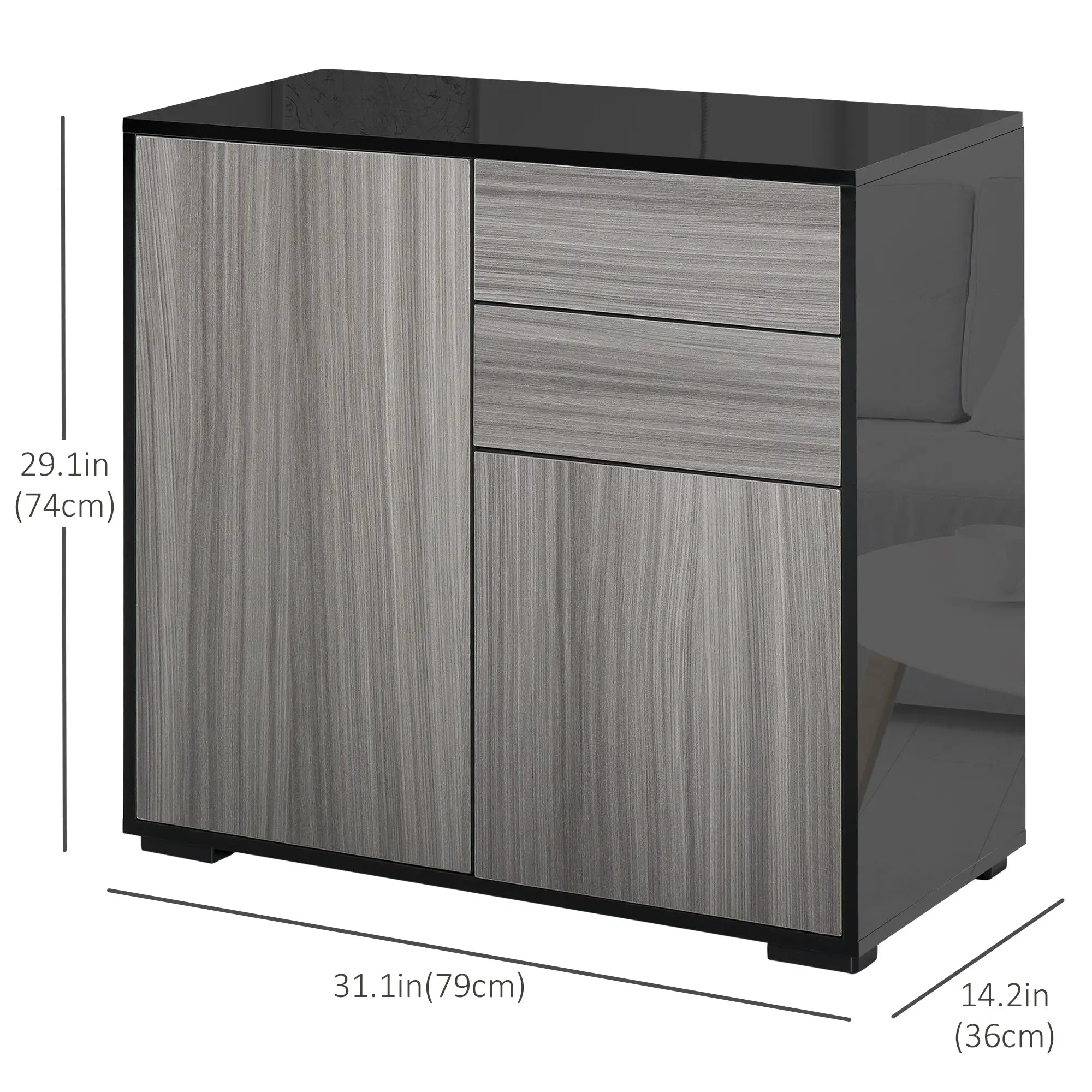 High Gloss Buffet Sideboard, 2 Drawers, 2 Doors, Adjustable Shelf, Kitchen Cabinet, Grey Black Bar Cabinets at Gallery Canada