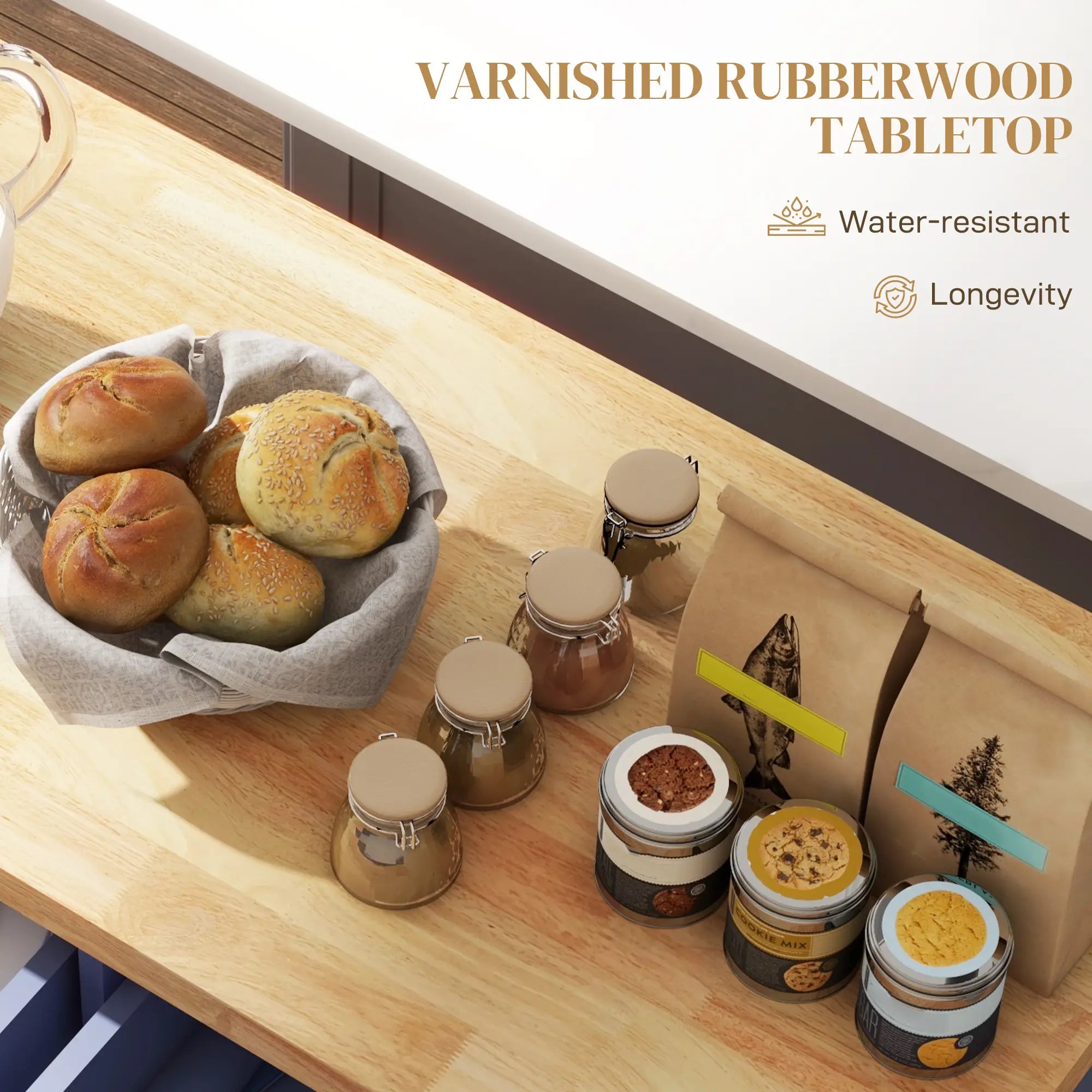 Kitchen Island with Storage, Rolling Cart, Rubber Wood Top, Navy Blue Kitchen Islands & Kitchen Carts at Gallery Canada