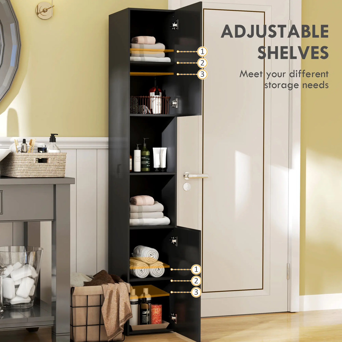 Tall Bathroom Cabinet, High Gloss Storage, Adjustable Shelves, 11.8" x 11.8" x 71.5", Black Bathroom Cabinets at Gallery Canada