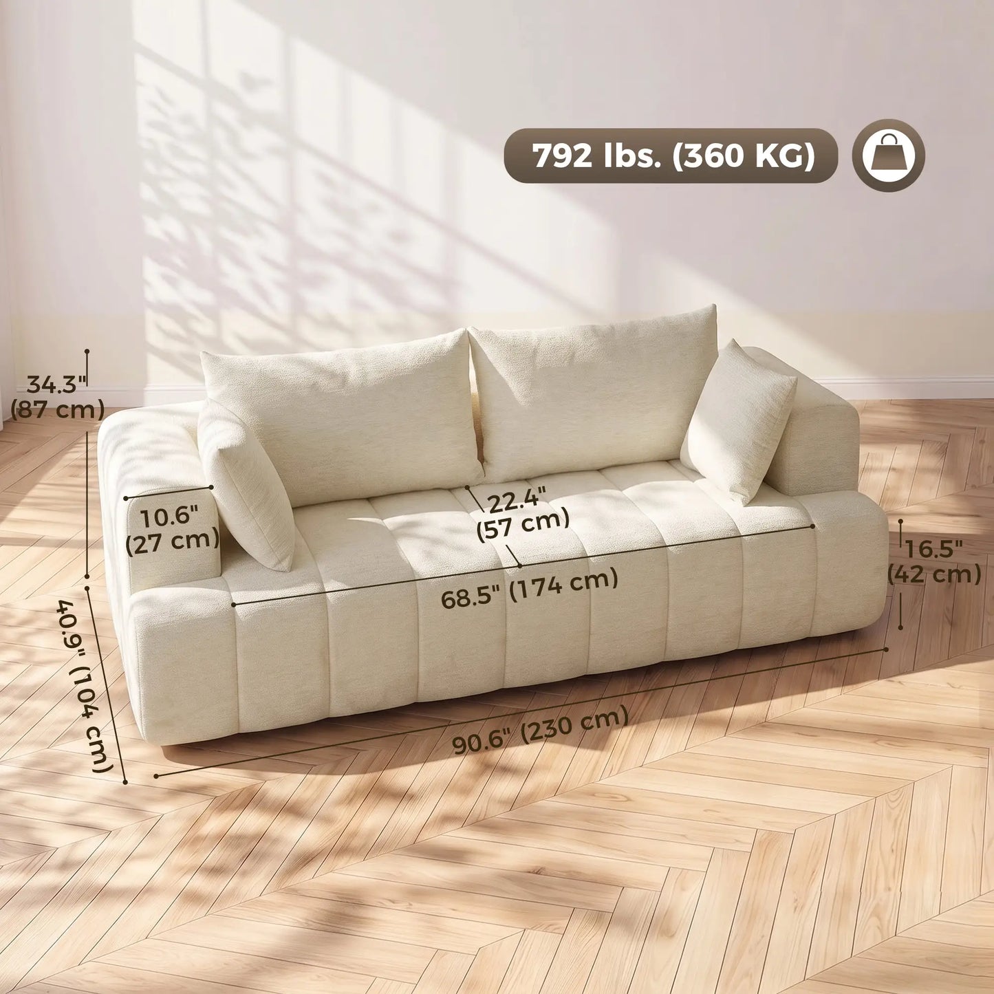 3 Seater Chenille Cloud Couch, Spring Cushion, Beige