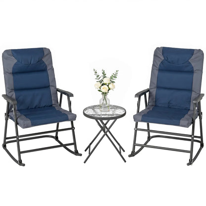 3pc Foldable Rocking Chair Set, Outdoor Bistro w/ Padded Seat, Blue Outdoor Rocking Chairs Blue, Grey at Gallery Canada