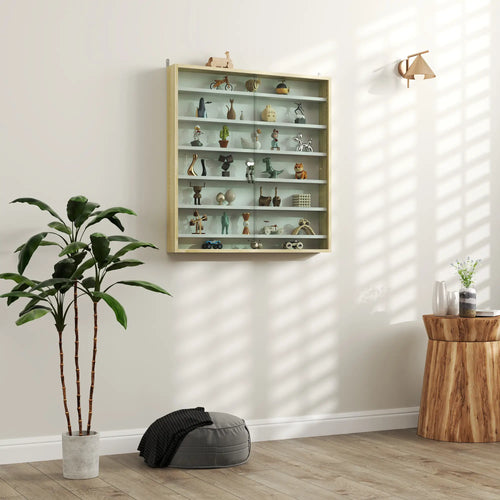 7-Tier Display Cabinet, Glass Curio Cabinet, Oak And White, White