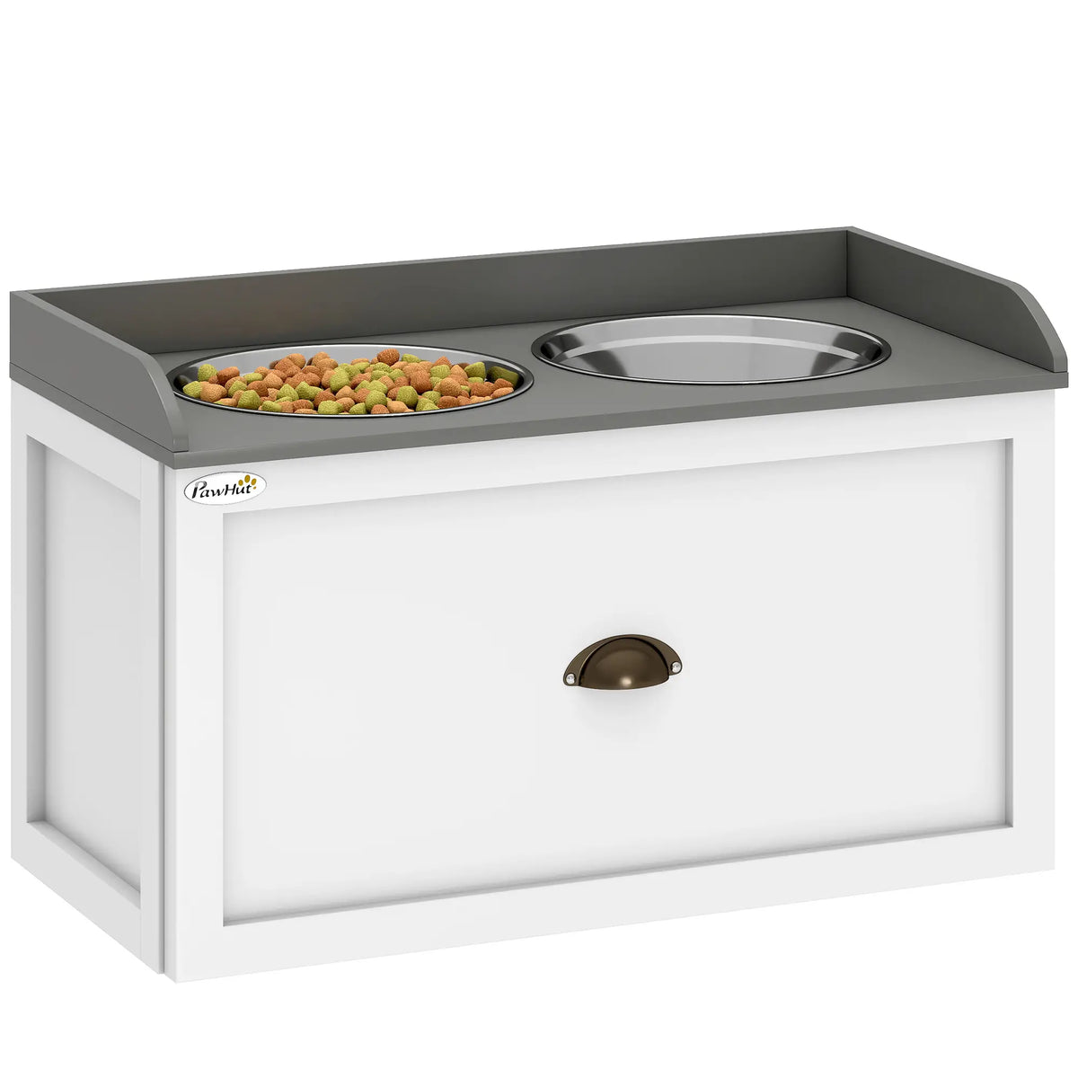 Raised Dog Bowls Feeding Station, 2 Stainless Steel Bowls, 23.6"x11.8"x14.2", White Dog Bowls White, Grey at Gallery Canada