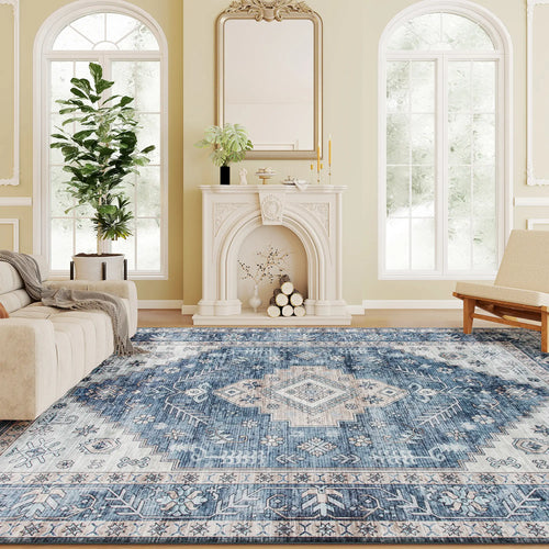 8x10 Vintage Washable Non-Slip Rug, for Living Room, Blue