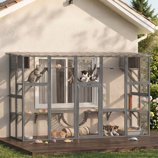 74"H Walk-in Cat Enclosure, Waterproof Roof, 2 Condos, 6 Platforms Outdoor Cat Enclosures Grey at Gallery Canada
