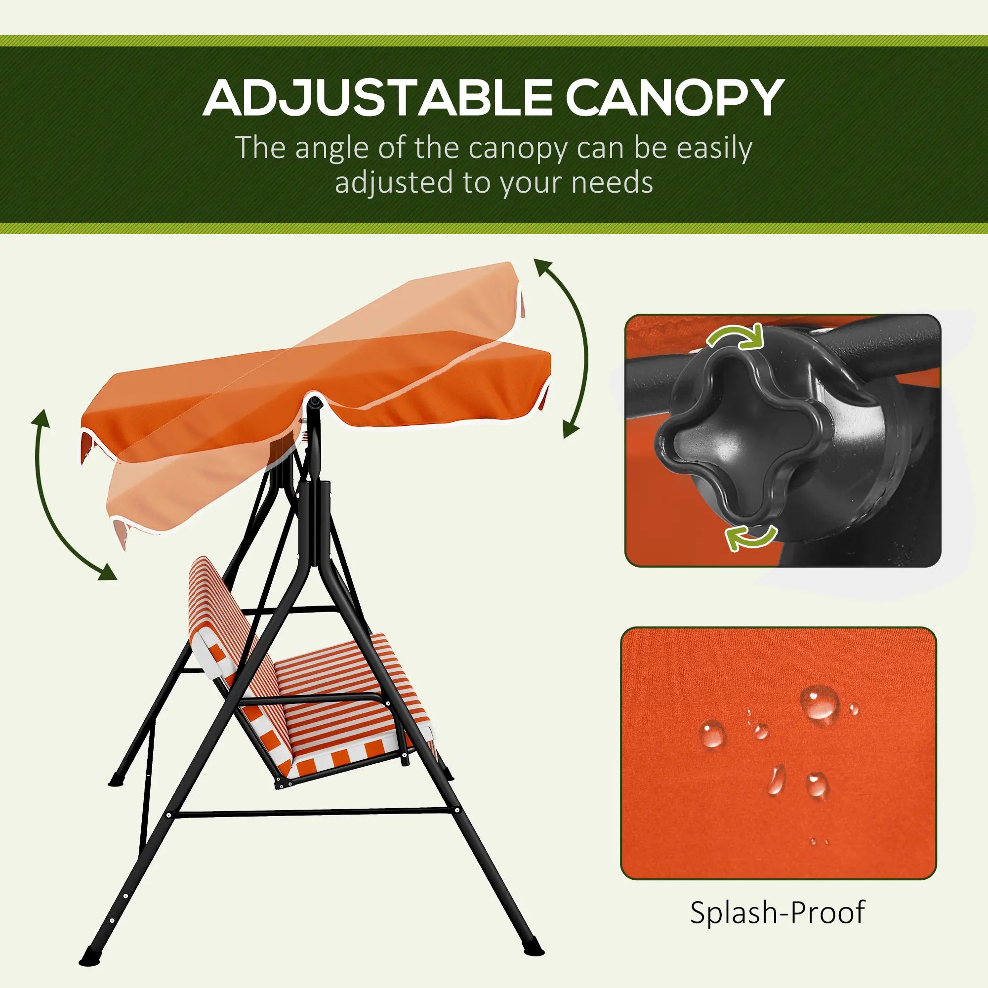 3-Seater Outdoor Porch Swing, Adjustable Canopy, Orange Patio Swings with Stand at Gallery Canada